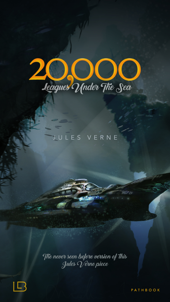 20000 Leagues Under the Sea - Interactive Fiction - Cover screen of the 20000 Leagues Under the Sea interactive fiction app showing a submarine underwater