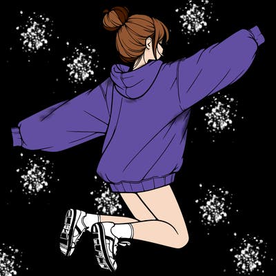 realistic girl jumping with a bun and oversized sweatshirt