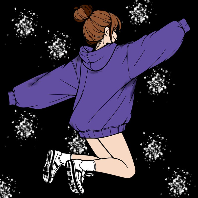 realistic girl jumping with a bun and oversized sweatshirt