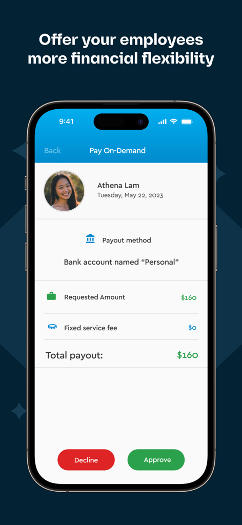 Fingercheck mobile app interface showing a pay on demand request for admin approval