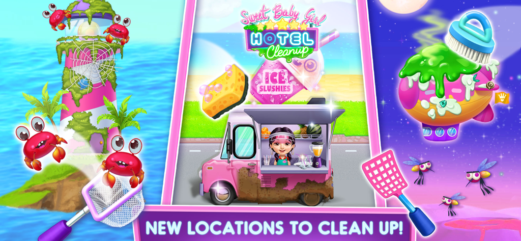 Sweet Baby Girl Hotel Cleanup - Juego de limpieza para niños que muestra nuevas ubicaciones como una furgoneta de batidos y un faro