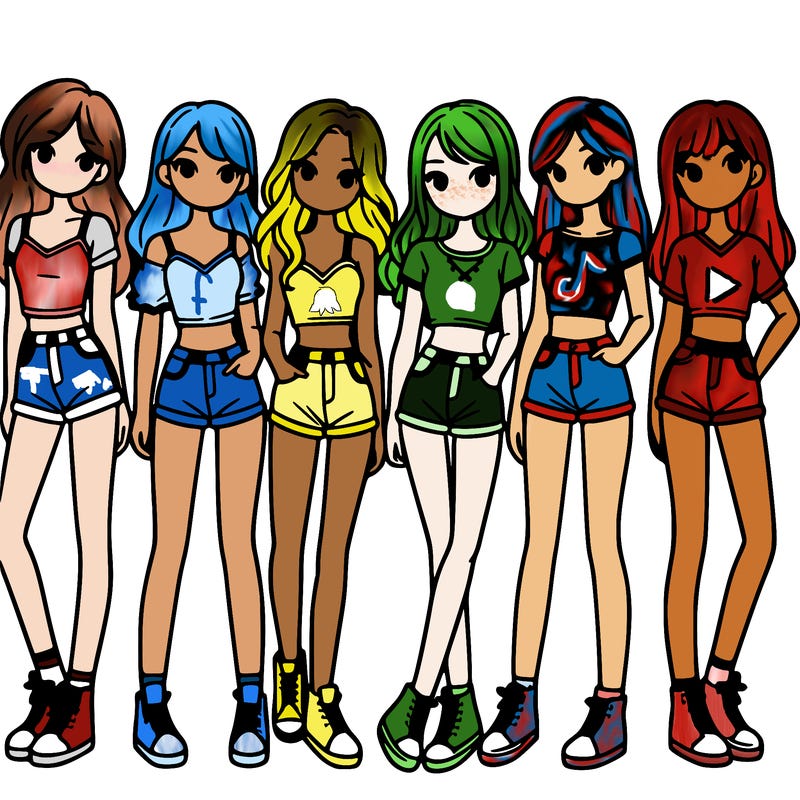 a group of girls wearing crop tops and shorts