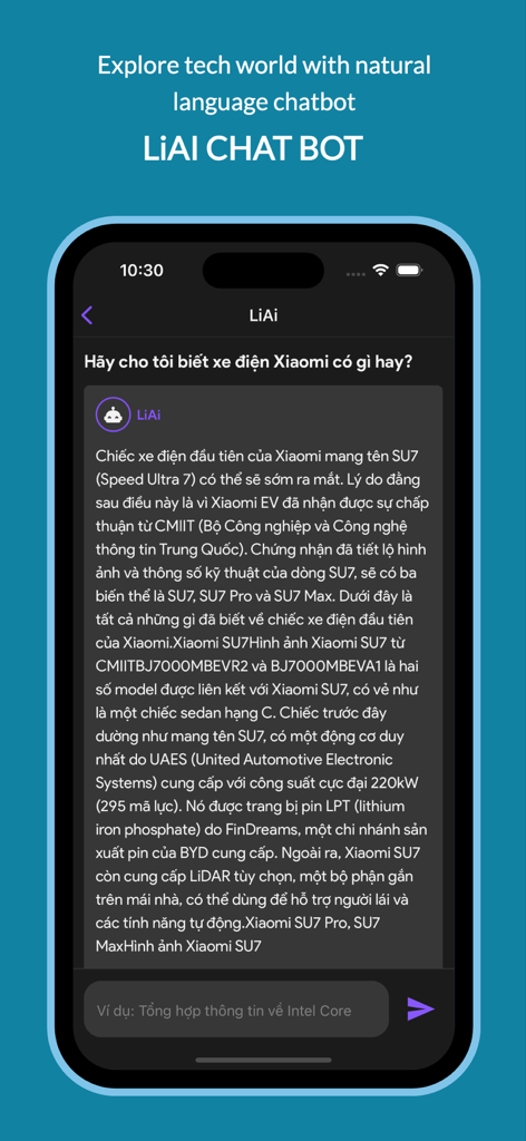 LiAi - Summarizing Tech News - Screenshot of the LiAi natural language chatbot providing a detailed summary of tech news on a mobile device.