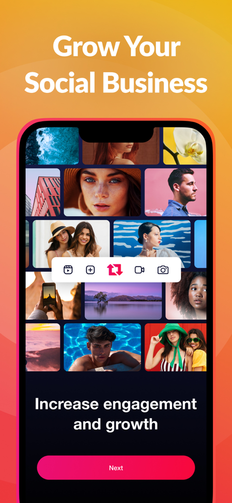 Mobile app screen showing a grid of diverse photos with text Grow Your Social Business and Increase engagement and growth