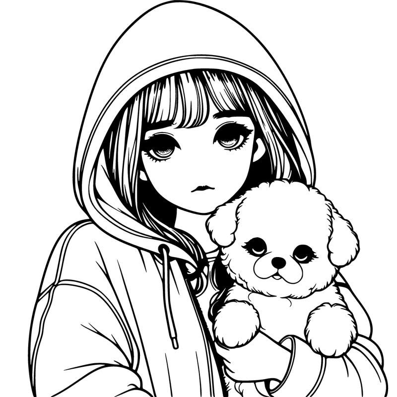 realistic girl with a hood up, holding cute fluffy dog