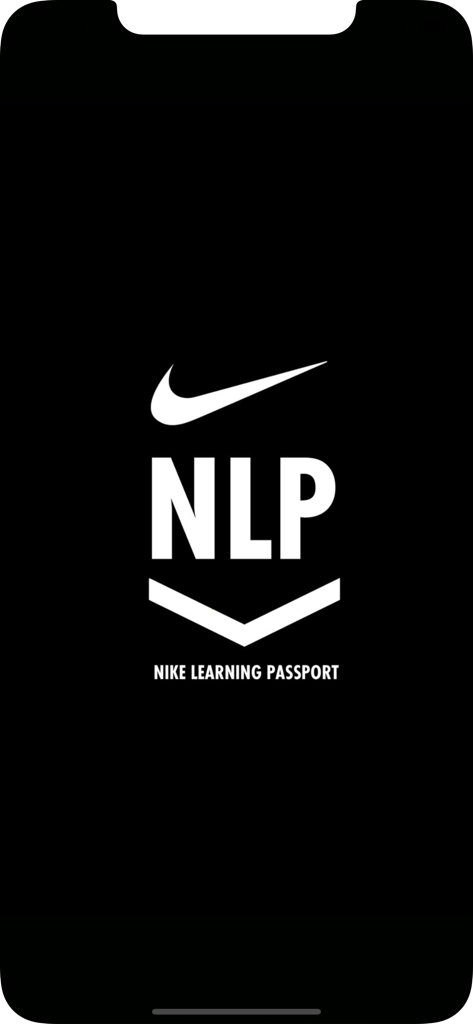 Nike Learning Passport - Der Startbildschirm der Nike Learning Passport App mit dem NLP-Logo und dem Nike-Swoosh.