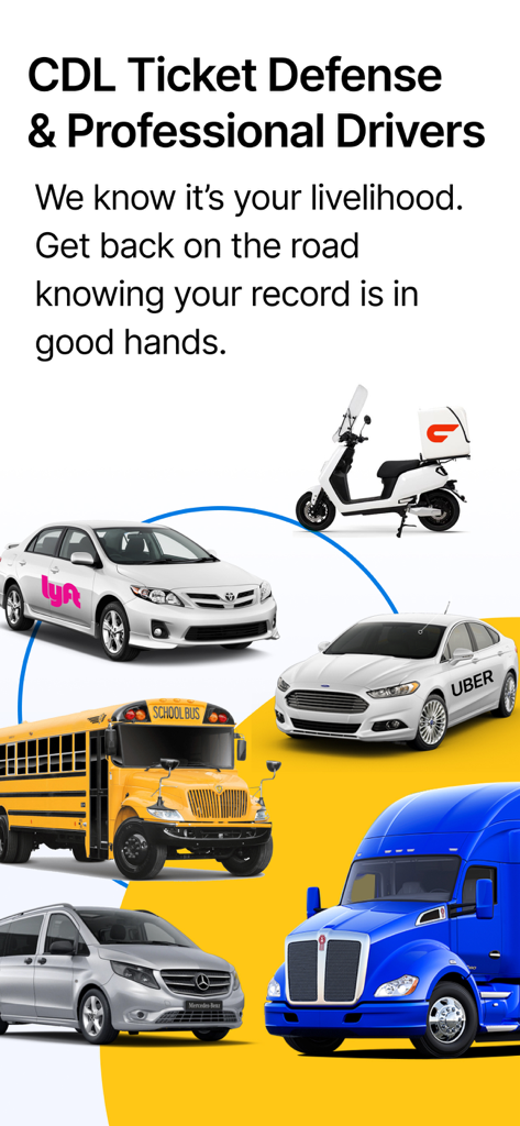 Off The Record: Ticket Lawyer - 大型トラック、スクールバス、ライドシェア車をフィーチャーしたグラフィックで、プロのドライバー向けの交通違反切符防御を宣伝しています。