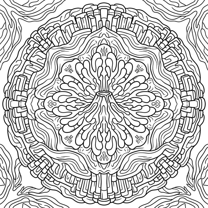 Dive into a unique coloring experience with this Rhyolitic Lava Flow Mandala. Its intricate, symmetrical design captures the mesmerizing beauty of geological formations in a calming radial pattern.