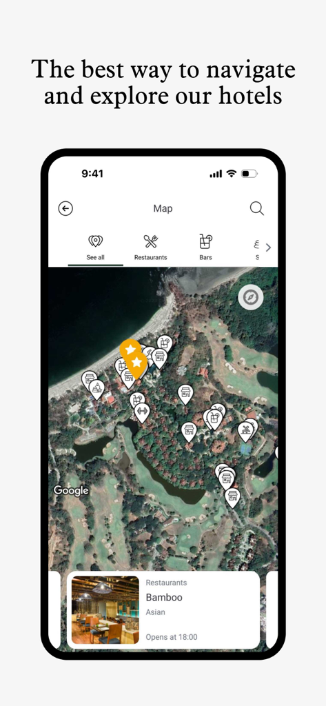 Marriott Experience - Marriott Experience app interface showing an interactive resort map with icons for restaurants, bars, and shops