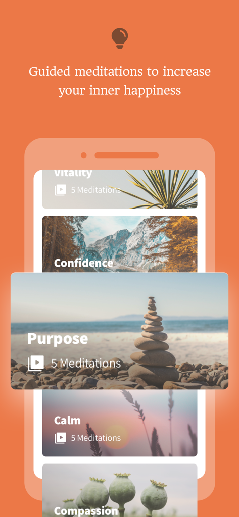 The Happy Habit - The Happy Habit mobile app interface displaying a list of guided meditation categories like Purpose, Confidence, and Calm with scenic nature backgrounds.