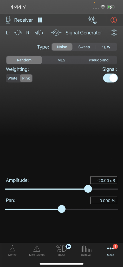 SoundMeter X - SoundMeter X App Signalgenerator-Oberfläche, die Geräusch- und Gewichtungseinstellungen für professionelle akustische Tests zeigt