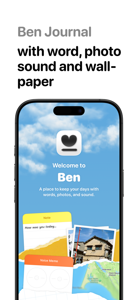 Ben Journal Digital Diary - Pantalla de bienvenida de la aplicación de diario digital Ben Journal que muestra funciones para notas, fotos y grabación de voz