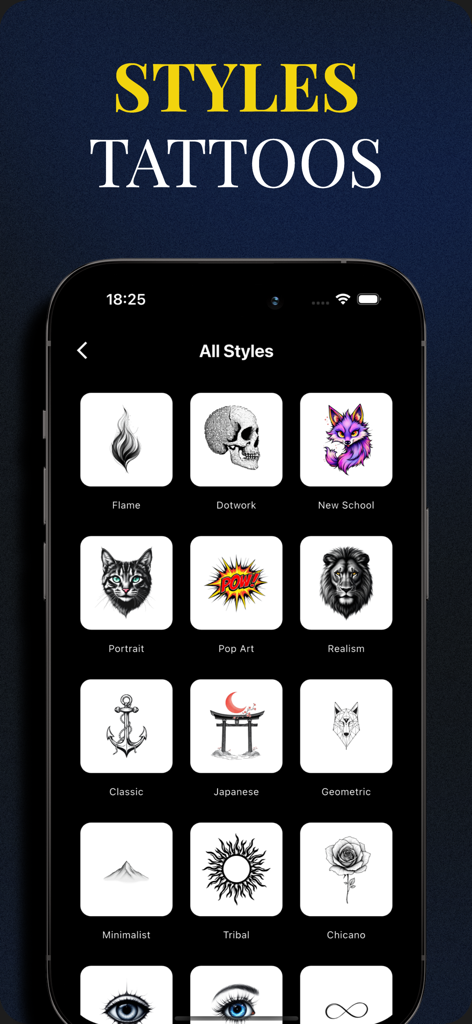 Tattoo AI Generator & Maker - Tela de smartphone mostrando vários estilos de tatuagem no aplicativo Gerador de Tatuagem IA
