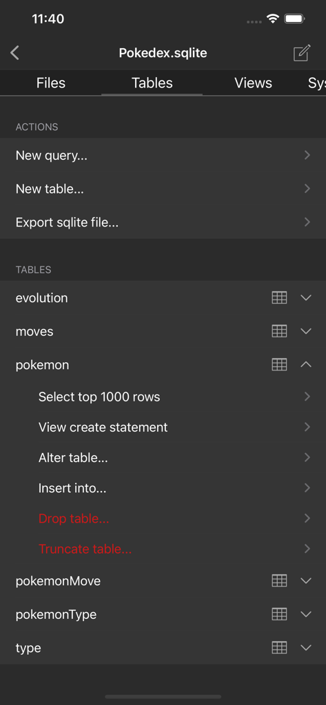 SQLite database client - Mobile interface of a SQLite database client showing a list of tables and context menu actions for a database file