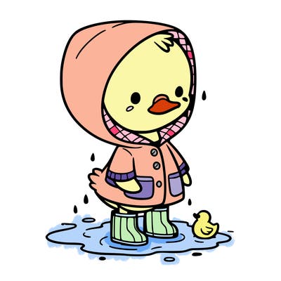 baby duck in a rain coat and boots, in a puddle while it’s raining