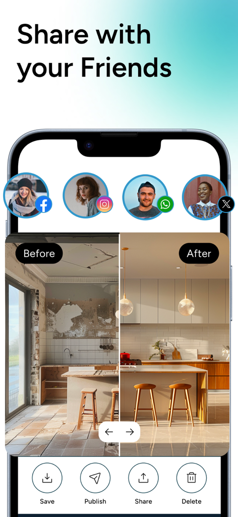 AI Home Design - Arch - Pantalla de smartphone mostrando una renovación de cocina antes y después con opciones para compartir resultados en redes sociales.