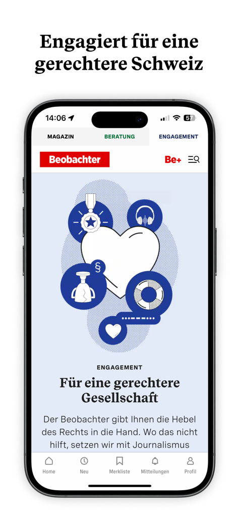 Beobachter - Beobachter mobile app screenshot showing the engagement section for a fairer society with legal and social justice illustrations