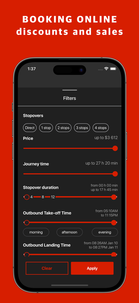 User interface of Red Tickets app showing flight search filters for price stopovers and travel times