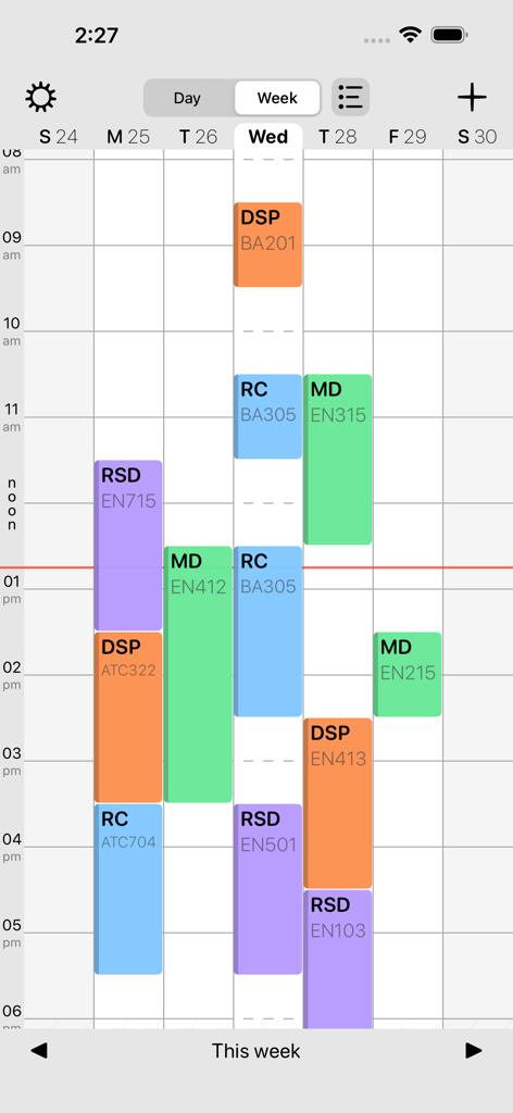 색상 코딩된 수업 및 강의실 번호가 포함된 학생 시간표 앱의 주간 보기