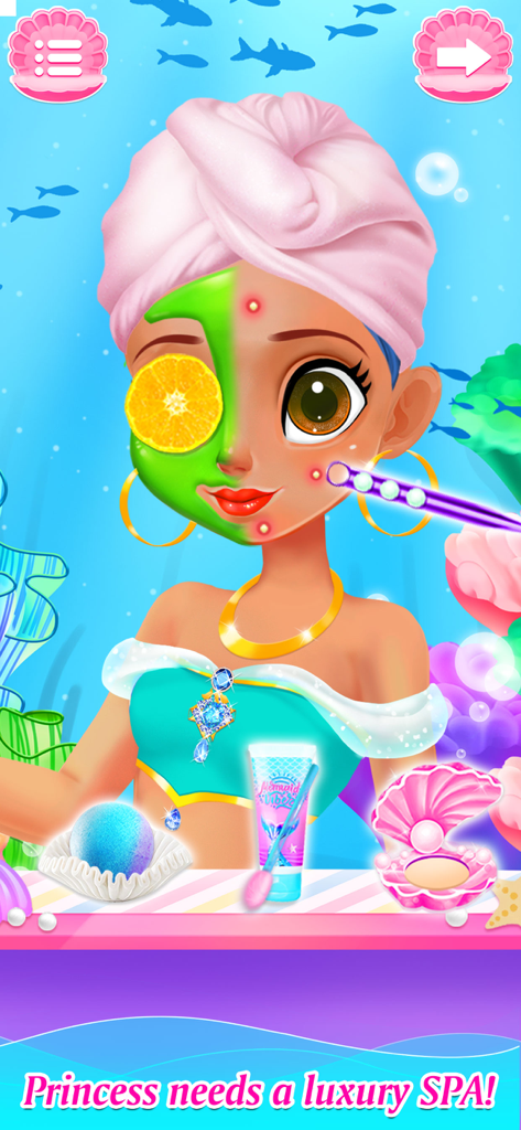 Princess Mermaid Makeup Games - A mermaid princess receiving a luxury facial spa treatment with a green face mask and an orange slice over her eye in an underwater beauty salon.