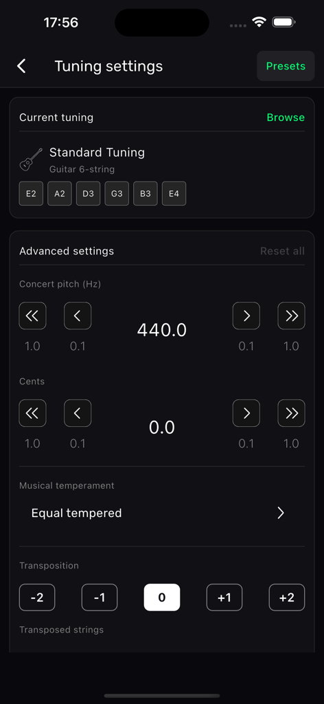 XTuner PRO - Advanced tuning settings in the XTuner PRO app showing concert pitch and transposition options