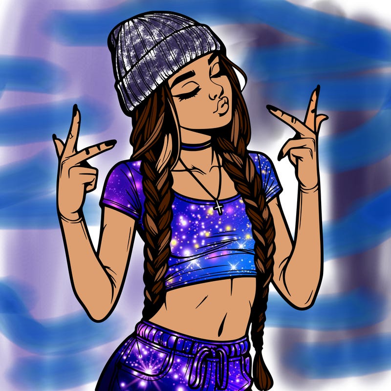 realistic teenage girl with braids and a beanie and crop top doing 🫶🏼