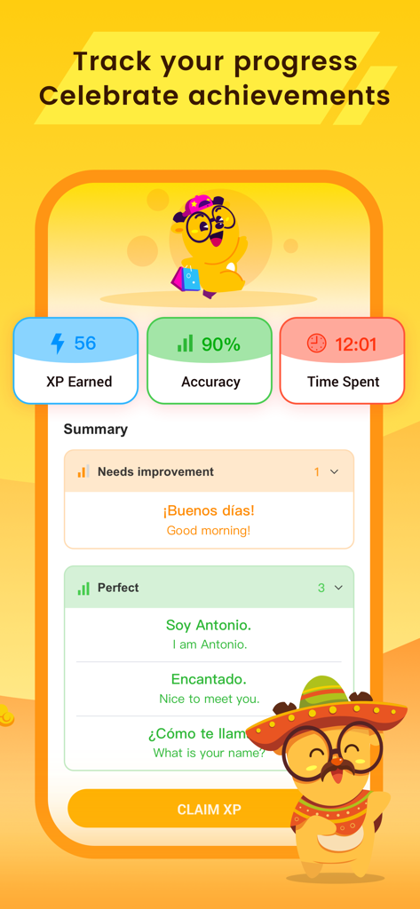 LingoDeer app progress tracking screen showing XP earned accuracy time spent and Spanish lesson summary