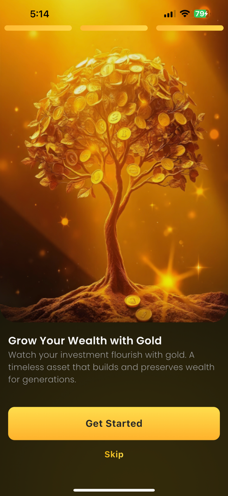 24k X Gold - Pantalla de incorporación de la aplicación 24k X Gold con un árbol de monedas doradas y el texto Haz Crecer tu Patrimonio con Oro