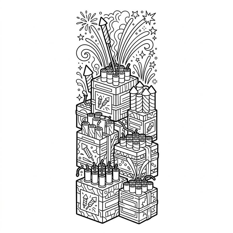Prepare for an explosion of color with this dynamic firework finale boxes bookmark coloring page. Featuring an exciting array of rockets and dazzling bursts, it's perfect for marking your spot in any book.
