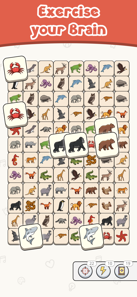 Zen Match Majong Tile Explorer - Gameplay screenshot of Zen Match Majong Tile Explorer featuring animal tiles and brain exercise header