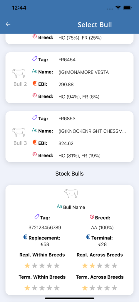 ICBF HerdPlus - Una pantalla en la aplicación ICBF HerdPlus para seleccionar sementales basada en índices de rendimiento genético y detalles de la raza.