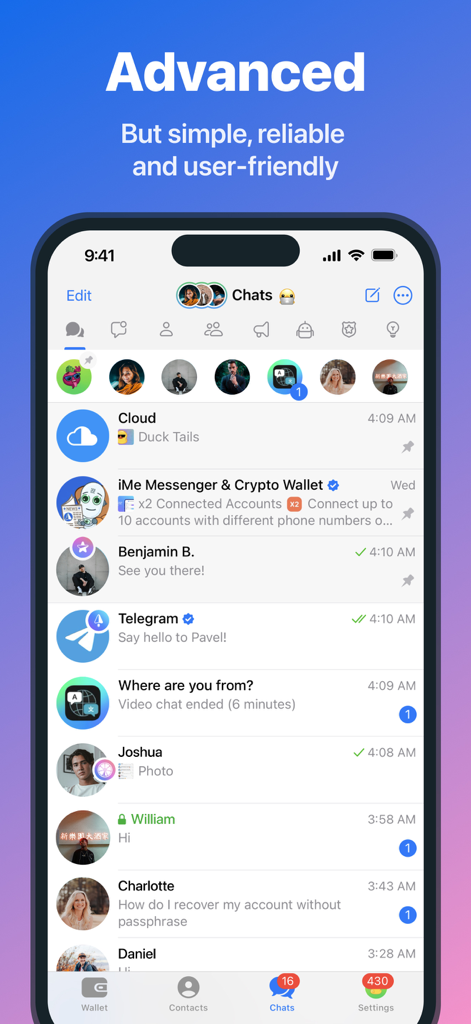 Captura de tela do iMe AI Messenger para Telegram mostrando a lista principal de chats e pastas organizacionais avançadas