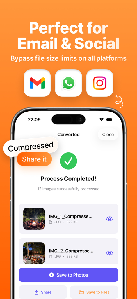Photo Compressor: Resize MB - A mobile interface showing batch compressed photos ready to be shared on email and social media platforms like Gmail and Instagram.