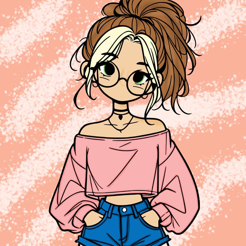 girl with a messy ponytail glasses a baggy crop top and jean shorts