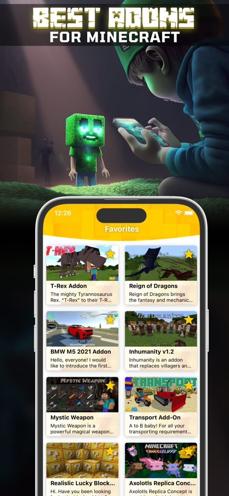 Mega Addons for Minecraft Pe - 携帯電話の画面に、恐竜、車、ドラゴンなどのMinecraftアドオンのコレクションが表示されている。