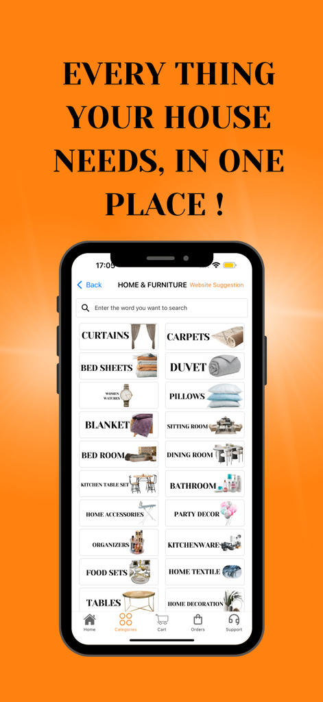 1 Click - To Shop - Mobile app interface of 1 Click - To Shop displaying home and furniture shopping categories like curtains, carpets, and bed sheets.