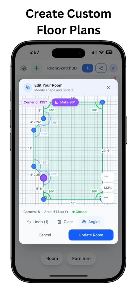 RoomSketch3D FloorPlanner - Una interfaz de aplicación móvil para crear planos de planta personalizados con dimensiones y ángulos precisos de la habitación en una cuadrícula