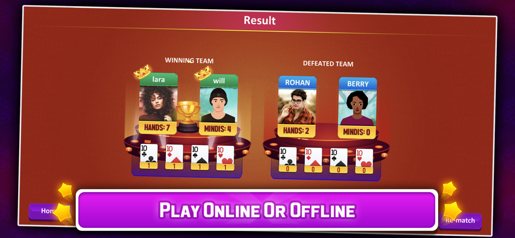 Écran des résultats du jeu de cartes Mindi montrant l'équipe gagnante avec un trophée et les scores