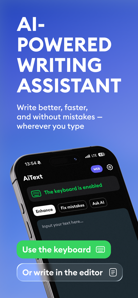 Interface de l'application mobile AiText montrant les fonctionnalités d'assistant d'écriture IA comme l'amélioration de la grammaire et la correction des erreurs.