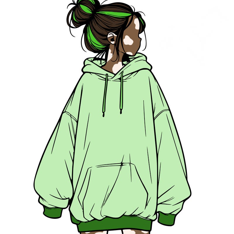 realistic girl with a oversized sweatshirt on and a bun