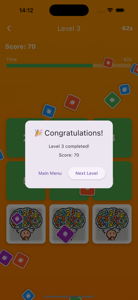 Multi Game Hub - A congratulations pop-up window in the Multi Game Hub app showing Level 3 completed with a score of 70.