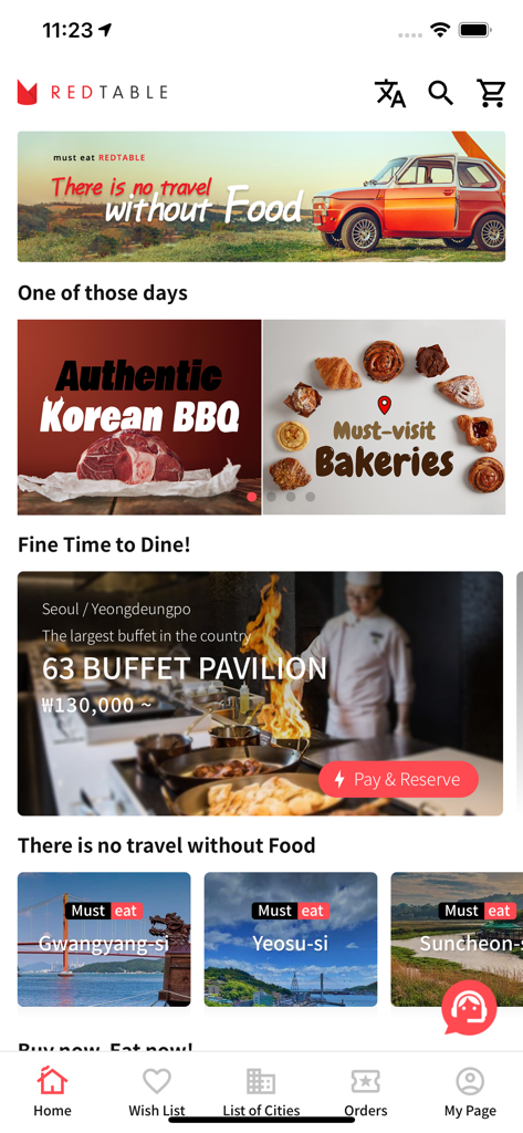 REDTABLE - The REDTABLE app interface showing food categories like Authentic Korean BBQ and options to book local restaurants in Korea.