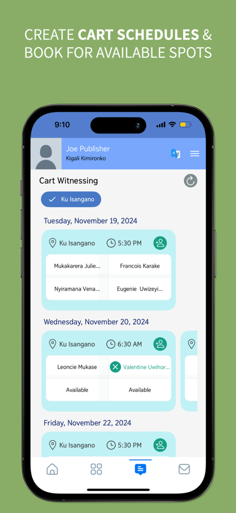 Zeal - Congregation Assistant - Interface móvel do aplicativo Zeal mostrando cronogramas de pregação de carro e horários disponíveis para voluntários