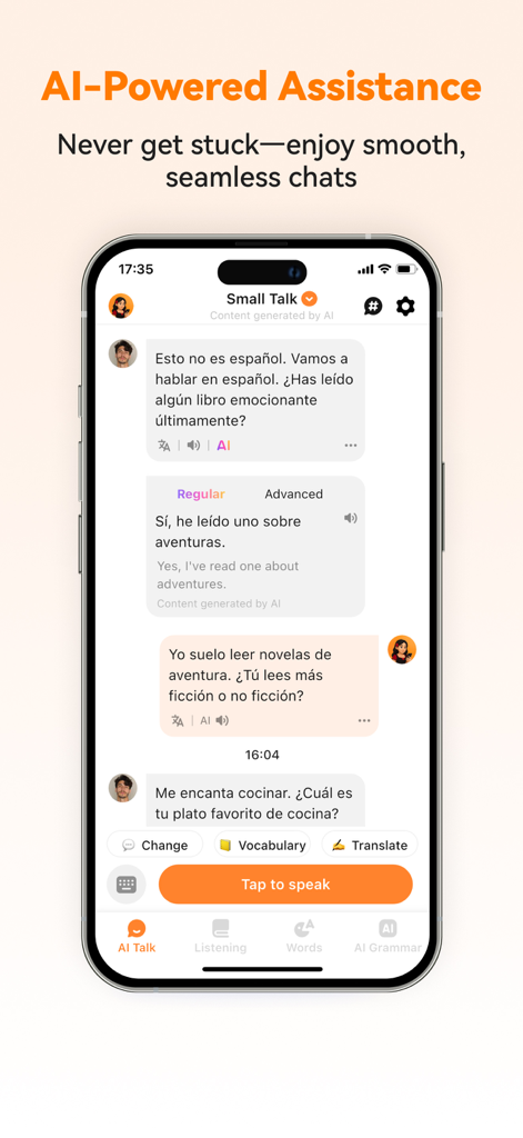 翻訳と音声入力オプションを備えたAI搭載スペイン語会話練習セッションを示すモバイルアプリインターフェース。
