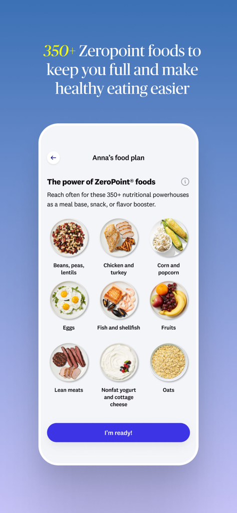 WeightWatchers Program - Una pantalla de la aplicación WeightWatchers que muestra categorías de alimentos de Puntos Cero como frutas, carnes magras y huevos.