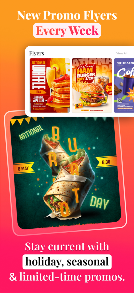 MenuSnap: Flyer Maker - Tela do aplicativo MenuSnap mostrando modelos personalizáveis de folhetos de restaurantes para promoções sazonais como o Dia Nacional do Burrito e o Dia do Hambúrguer.