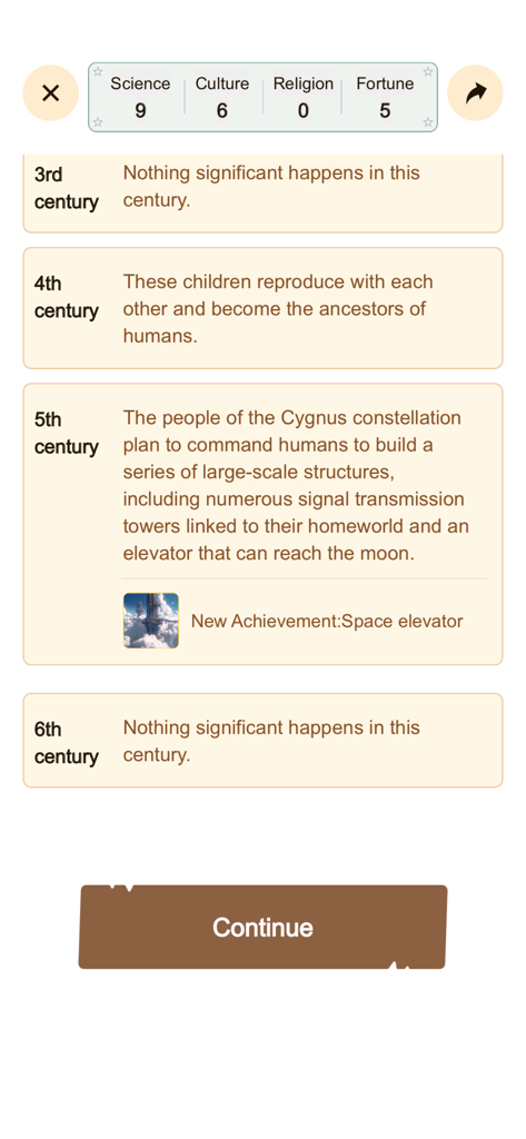 Civilization Simulator - A text-based gameplay screen of Civilization Simulator showing historical events and the space elevator achievement