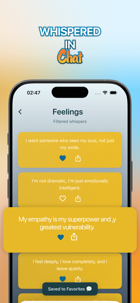 Chaturbate Gеt Hеr - Mobile App-Oberfläche, die emotionale Zitate und Flüstern in der Kategorie 'Gefühle' anzeigt.
