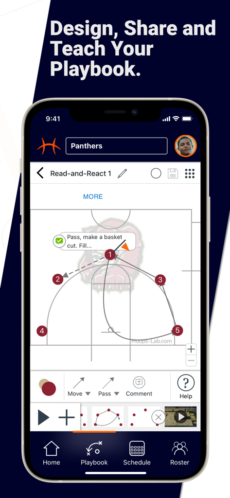 Hoops Lab - Aplicación móvil Hoops Lab mostrando un libro de jugadas de baloncesto digital y un diseñador de jugadas.