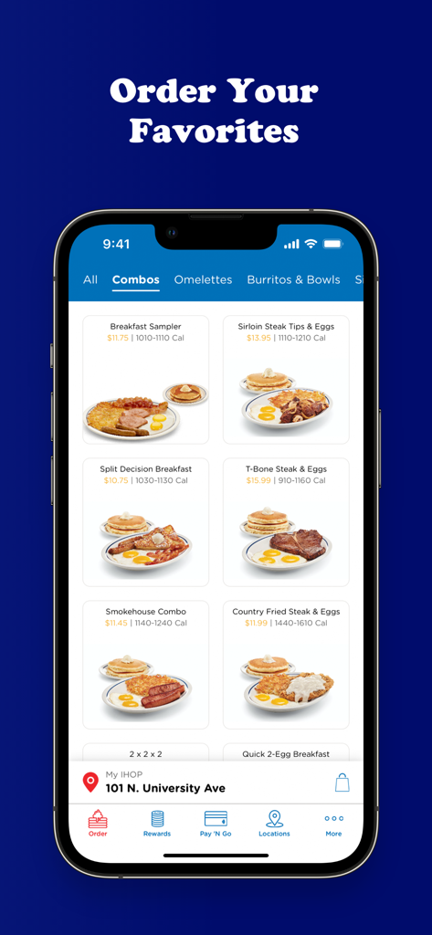 IHOP - Mobile app interface for IHOP featuring a menu of breakfast combo platters with prices and calories.
